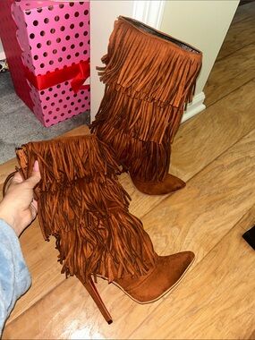 Fringe High Heel  Boots - Brown